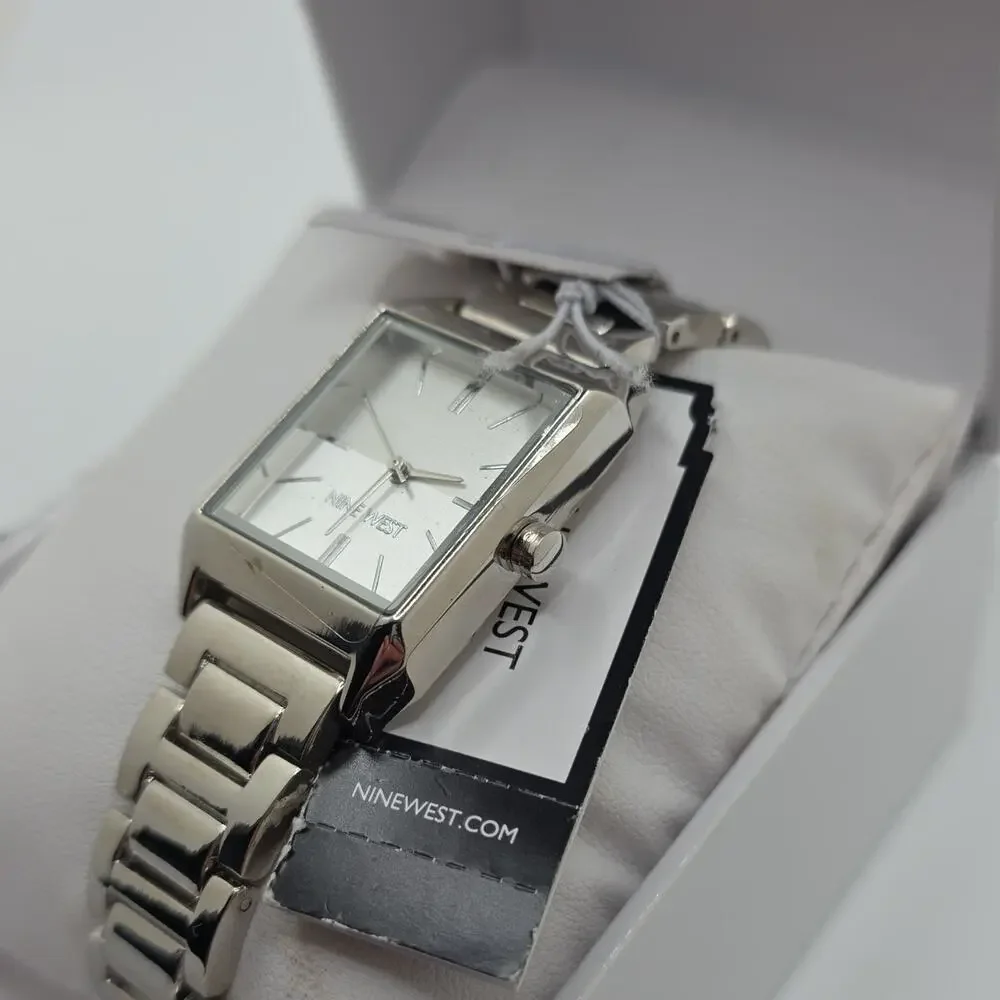 Nine West Women’s Analog Quartz Rectangle Silver Tone Bracelet Watch w/ Box
